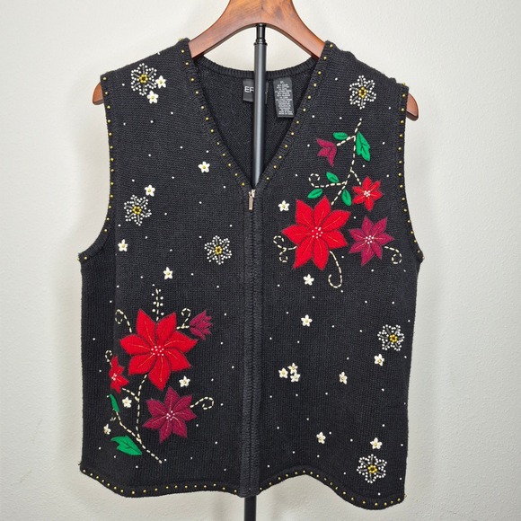 Erika Sweaters - Vintage Erika Ugly Christmas Sweater Vest Poinsettia Beaded Zip Front XL Festive